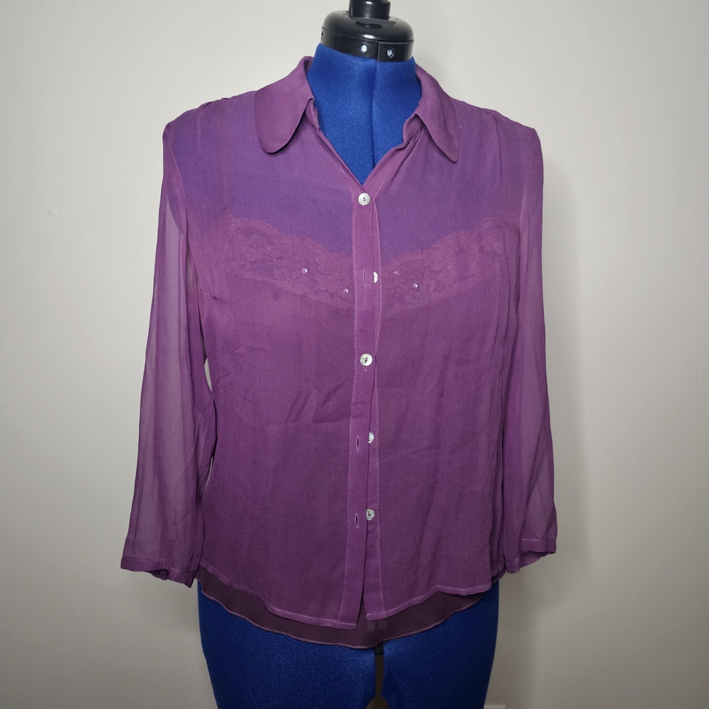 Parisian Signature 2pc Purple Silk Buttondown Top With Embellished Chemise